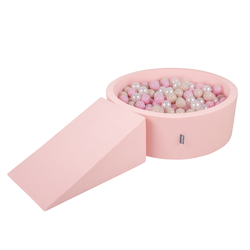 KiddyMoon Foam Playground for Kids with Round Ballpit ( ∅ 7cm/2.75In) Soft Obstacles Course and Ball Pool, Certified Made In The EU, pink:pastel beige/light pink/pearl, Ballpit (100 Balls) + Wedge