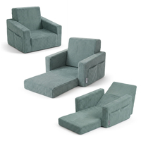 Foam armchair for kids convertible into bed, handle and side pockets, corduroy cover, green, UNI