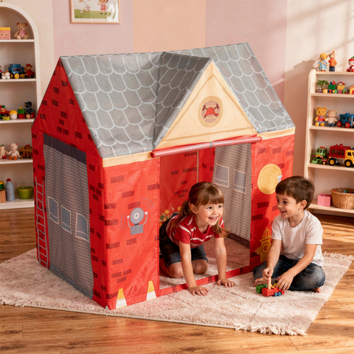 Playhouse For Kids Fire Station Durable And Easy To Assemble Encourages Imaginative Play With Spacious Interior Safe Materials For Indoor And Outdoor Adventures, red-gray, No Balls