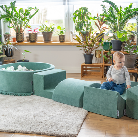 KiddyMoon Foam Playground Velvet for Kids with Round Ballpit ( ∅ 7cm/2.75In) Soft Obstacles Course and Ball Pool, Certified Made In The EU, forest green:dark turquoise/pastel beige/greygreen/salmon pink, Ballpit (300 Balls) + Version 5