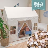 KiddyMoon Playhouse For Kids Foldable Tent Child's Play Cotton Fabric Easy To Assemble Indoor And Outdoor Use With Windows And Doors Encourages Creative Play Compact Storage, natural: pastel beige/white/gold, 300 Balls