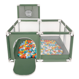 square play pen filled with plastic balls basketball, green:white/yellow/orange/babyblue/turquoise, 400 balls