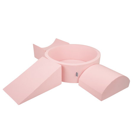 KiddyMoon Foam Playground for Kids with Round Ballpit ( ∅ 7cm/2.75In) Soft Obstacles Course and Ball Pool, Certified Made In The EU, pink:powder pink/pearl/transparent, Ballpit (200 Balls) + Version 4