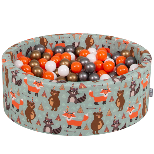 KiddyMoon Soft Ball Pit Round ∅ 7Cm / 2.75In For Kids, Foam Ball Pool Baby Playballs Children, Made In The EU, fox-green:orange/silver/gold/white, 90x30cm/300 balls