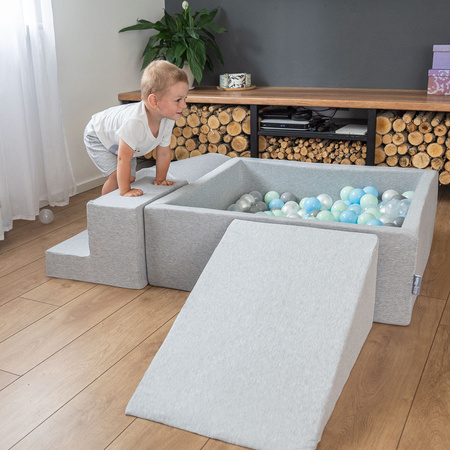 KiddyMoon Foam Playground for Kids with Quarter Angular Ballpit and Balls, lightgrey:pearl/grey/transparent/babyblue/mint, Ballpit (200 Balls) + Version 2