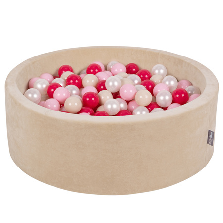 KiddyMoon Soft Ball Pit Round 7cm / 2.75In for Kids, Foam Velvet Ball Pool Baby Playballs, sand beige:pastel beige/light pink/pearl/dark pink, 90x30cm/200 balls