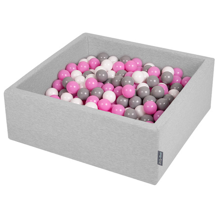 KiddyMoon Baby Foam Ball Pit with Balls ∅ 7cm / 2.75in Square Made in EU, light grey:grey/white/pink, 90x30cm/300 balls