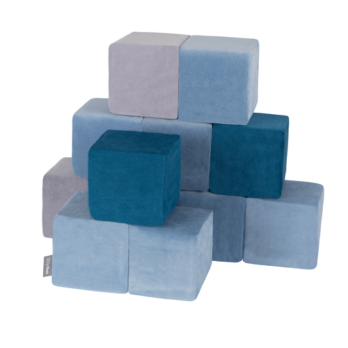 KiddyMoon velvet foam cubes for kids 14cm soft, cubes:lagoon turquoise-ice blue-grey mountains, 12 Pieces