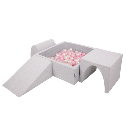 KiddyMoon Foam Playground for Kids with Square Ballpit ( ∅ 7cm/2.75In) Soft Obstacles Course and Ball Pool, Certified Made In The EU, lightgrey:powderpink/pearl/transparent, Ballpit (300 Balls) + Version 2