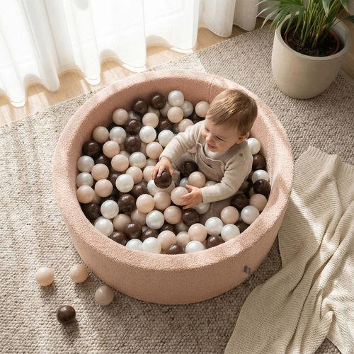 KiddyMoon Ball Pit for Baby with Teddy Plush, Large 7 cm Balls for a Fuller Ball Pit, From 8 Months, Removable Cover, Beige: Pastel Beige/Brown/Pearl, 90 x 30 cm / 300 Balls