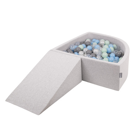 KiddyMoon Foam Playground for Kids with Quarter Angular Ballpit and Balls, lightgrey:pearl/grey/transparent/babyblue/mint, Ballpit (100 Balls) + Wedge