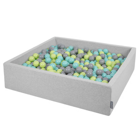 KiddyMoon Soft Ball Pit Square  ∅ 7Cm / 2.75In For Kids, Foam Ball Pool Baby Playballs Children, Made In The EU, light grey:light green-light turquoise-grey, 120x30cm/1000 balls