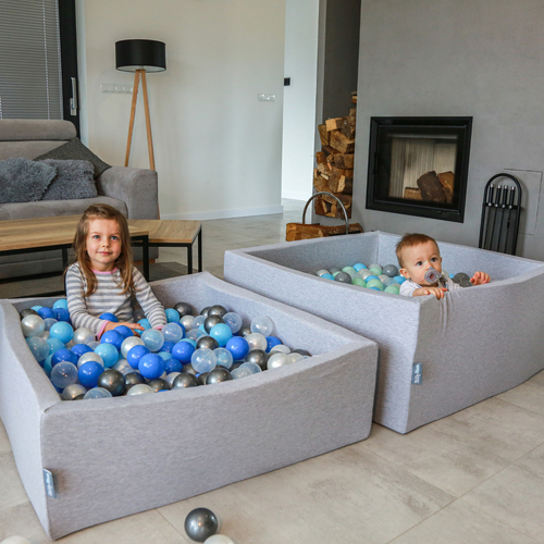 KiddyMoon Baby Foam Ball Pit with Balls ∅ 7cm / 2.75in Made in EU, light grey:pearl/blue/baby blue/transparent/silver, 90 x 30 cm / 200 Balls