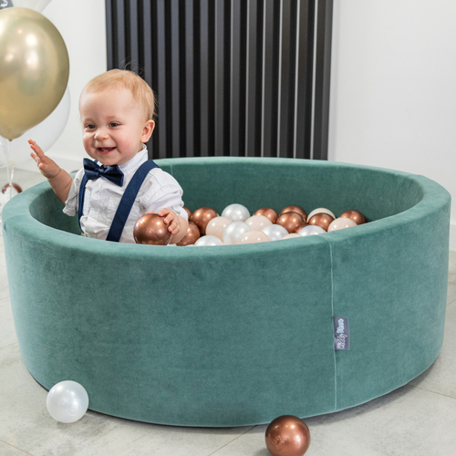 KiddyMoon Soft Ball Pit Round ∅ 7cm / 2.75In for Kids, Foam Velvet Ball Pool Baby Playballs, Made In The EU, forest green:pastel beige/copper/pearl , 90 x 30 cm / 300 Balls