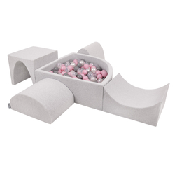 KiddyMoon Foam Playground for Kids with Quarter Angular Ballpit and Balls, lightgrey:pearl/grey/transparent/powderpink, Ballpit (200 Balls) + Version 1