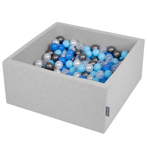 KiddyMoon Baby Foam Ball Pit with Balls ∅ 7cm / 2.75in Square Made in EU, light grey:pearl/blue/baby blue/transparent/silver, 90x40cm/300 balls