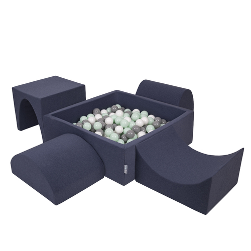 KiddyMoon Foam Playground for Kids with Square Ball pit ( ∅ 7cm/2.75In) Soft Obstacles Course and Ball Pool, Certified Made In The EU, darkblue:white/grey/mint, Ballpit (200 Balls) + Version 1