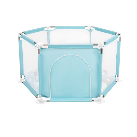 hexagon 6 side play pen with plastic balls, Mint:pearl/grey/transparent/babyblue/mint, 100 balls