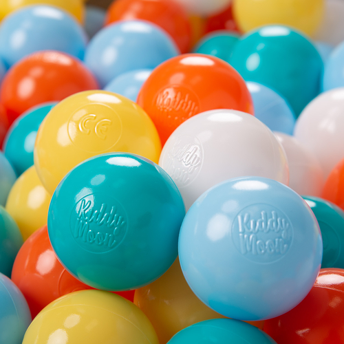 KiddyMoon Soft Plastic Play Balls ∅ 6cm / 2.36 Multi Colour Made in EU, white/yellow/orange/baby blue/turquoise, 100 Balls/6cm-2.36in