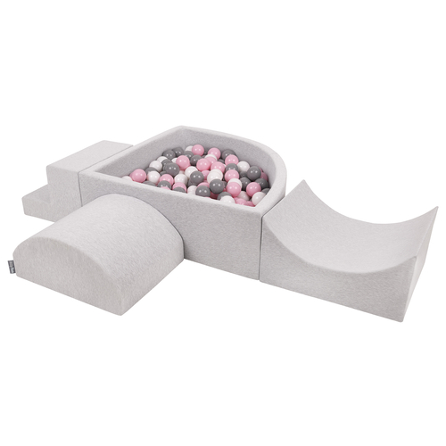 KiddyMoon Foam Playground for Kids with Quarter Angular Ballpit and Balls, lightgrey:white/grey/powderpink, Ballpit (200 Balls) + Version 6