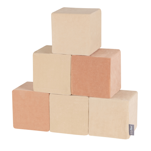 KiddyMoon Soft Foam Building Blocks for Babies & Toddlers, Washable Velvet Zip Cover, 14cm Cubes, Sensory Toy, cubes: sand beige-desert pink, 12 Pieces