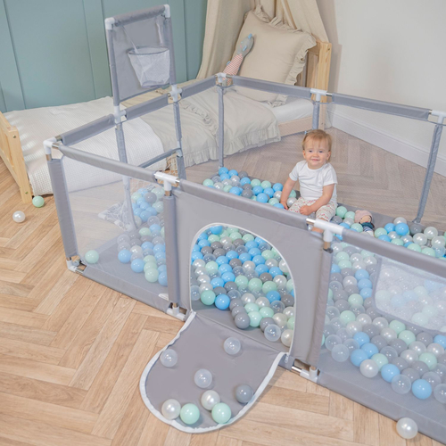 Baby Playpen Big Size Playground with Plastic Balls for Kids, Grey:pearl/grey/transparent/mint, 200 balls