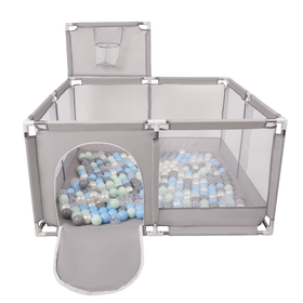 square play pen filled with plastic balls basketball, Grey:grey/pearl/transparent/babyblue/mint, 200 balls