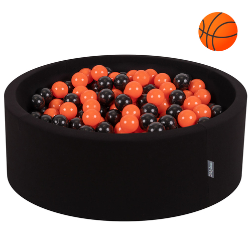 KiddyMoon Baby Foam Ball Pit with Balls ∅ 7cm / 2.75in Made in EU, Basketball: black/orange, 90x30cm/300 balls