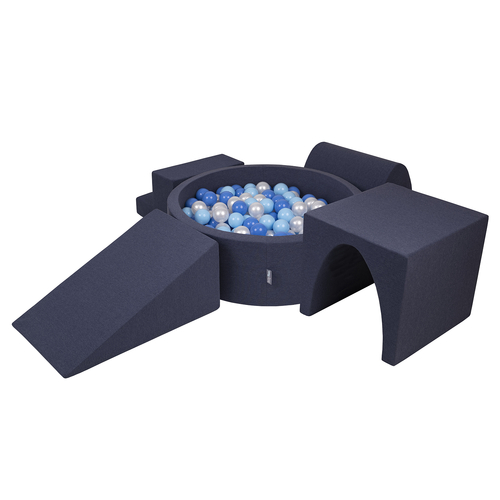 KiddyMoon Foam Playground for Kids with Round Ballpit ( ∅ 7cm/2.75In) Soft Obstacles Course and Ball Pool, Made In The EU, darkblue:babyblue/blue/pearl, Ballpit (200 Balls) + Version 3