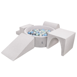 KiddyMoon Foam Playground for Kids with Round Ballpit ( ∅ 7cm/2.75In) Soft Obstacles Course and Ball Pool, Made In The EU, lightgrey:pearl/grey/transparent/babyblue/mint, Ballpit (200 Balls) + Version 3