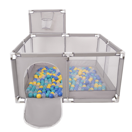 square play pen filled with plastic balls basketball, Grey:blue/turquoise/yellow/transparent, 100 balls