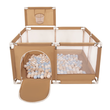 square play pen filled with plastic balls basketball, beige:pastel beige/pastel blue/white, 100 balls