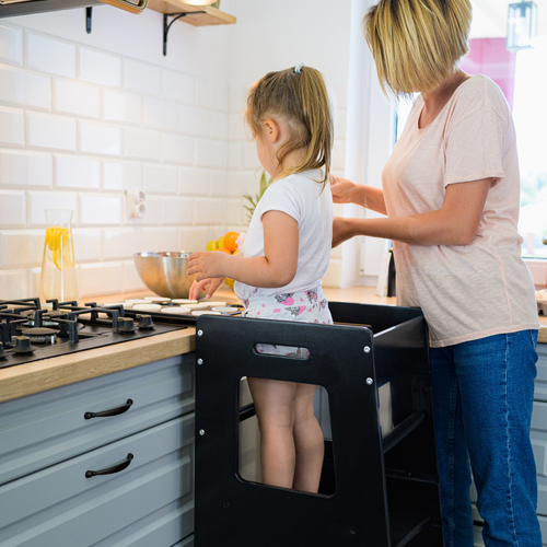 KiddyMoon Kitchen Helper For Kids Step Stool Learning Tower for Children Learning Chair Adjustable Height Level Montessori Furniture, Babies Kitchen Gadgets, ST-003, Black/Natural, 91,5x39,3x49,4