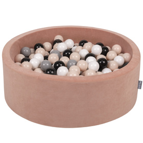 KiddyMoon Soft Ball Pit Round ∅ 7cm / 2.75In for Kids, Foam Velvet Ball Pool Baby Playballs, Made In The EU, desert pink:pastel beige/grey/white/black, 90x30cm/200 balls