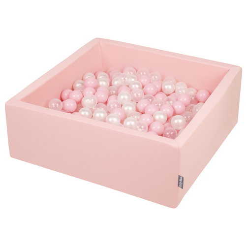 KiddyMoon Baby Foam Ball Pit with Balls ∅ 7cm / 2.75in Square Made in EU, pink:light pink/pearl/transparent, 90x30cm/300 balls