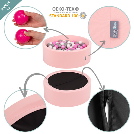 KiddyMoon Soft Ball Pit Round ∅ 7cm / 2.75In for Kids, Foam Velvet Ball Pool Baby Playballs, Made In The EU, desert pink:dark turquoise/pastel beige/greygreen/salmon pink, 90x30cm/200 balls