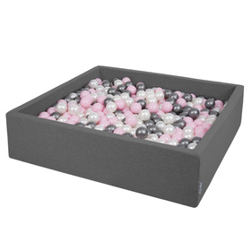 KiddyMoon Soft Ball Pit Square  ∅ 7Cm / 2.75In For Kids, Foam Ball Pool Baby Playballs Children, Made In The EU, dark grey:pearl-powder pink-silver, 120x30cm/200 balls