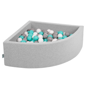 KiddyMoon Soft Ball Pit Quarter Angular ∅ 7cm / 2.75In for Kids, Foam Ball Pool Baby Playballs, Made In The EU, light grey:white/grey/light turquoise, 90x30cm/200 balls