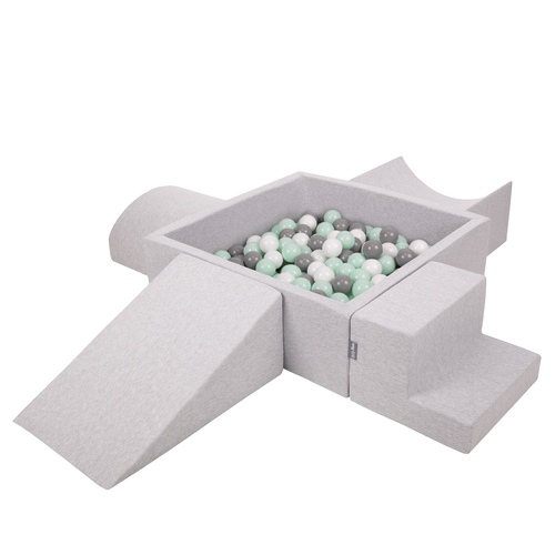 KiddyMoon Foam Playground for Kids with Square Ballpit ( ∅ 7cm/2.75In) Soft Obstacles Course and Ball Pool, Certified Made In The EU, lightgrey:white/grey/mint, Ballpit (300 Balls) + Version 5