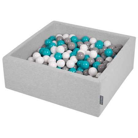 KiddyMoon Baby Foam Ball Pit with Balls ∅ 7cm / 2.75in Square Made in EU, light grey:grey/white/turquoise, 90x30cm/200 balls