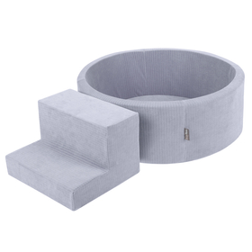 KiddyMoon Foam Playground For Kids Soft Textured Safe Blocks, dark grey: pastel beige/white/perle, Ballpit (100 Balls) + Steps