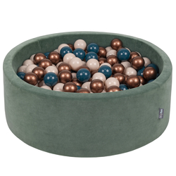 KiddyMoon Soft Ball Pit Round ∅ 7cm / 2.75In for Kids, Foam Velvet Ball Pool Baby Playballs, Made In The EU, forest green:dark turquoise/pastel beige/copper, 90 x 30 cm / 200 Balls