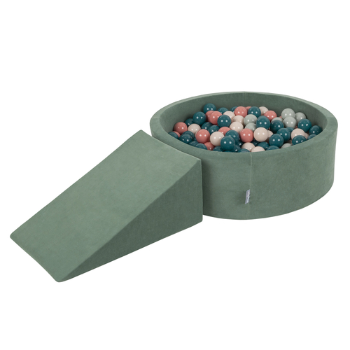 KiddyMoon Foam Playground Velvet for Kids with Round Ball pit ( ∅ 7cm/2.75In) Soft Obstacles Course and Ball Pool, Certified Made In The EU, forest green:dark turquoise/pastel beige/greygreen/salmon pink, Ballpit (200 Balls) + Wedge