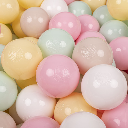 KiddyMoon Soft Plastic Play Balls ∅ 7cm/2.75in Multi-colour Made in EU, pastel beige/pastel yellow/white/mint/light pink, 200 Balls/7cm-2.75in