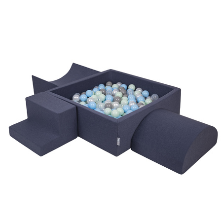 KiddyMoon Foam Playground for Kids with Square Ballpit ( ∅ 7cm/2.75In) Soft Obstacles Course and Ball Pool, Certified Made In The EU, darkblue:pearl/grey/transparent/babyblue/mint, Ballpit (200 Balls) + Version 6