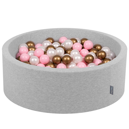 KiddyMoon Baby Foam Ball Pit with Balls ∅ 7cm / 2.75in Made in EU, light grey:powder pink/pearl/yellow, 90x30cm/300 balls