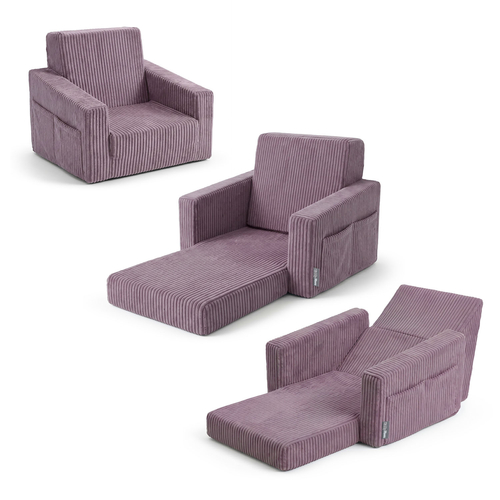 Foam armchair for kids convertible into bed, handle and side pockets, corduroy cover, purple, UNI