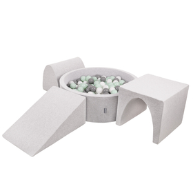 KiddyMoon Foam Playground for Kids with Round Ballpit (Balls ∅ 7cm/2.75In) Soft Obstacles Course and Ball Pool, Made In EU, lightgrey:white/grey/mint, Ballpit (200 Balls) + Version 2
