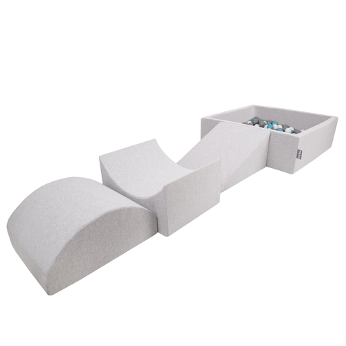 KiddyMoon Foam Playground for Kids with Square Ballpit ( ∅ 7cm/2.75In) Soft Obstacles Course and Ball Pool, Made In The EU, lightgrey:grey/white/turquoise, Ballpit (300 Balls) + Version 4