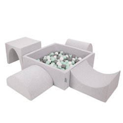 KiddyMoon Foam Playground for Kids with Square Ball pit ( ∅ 7cm/2.75In) Soft Obstacles Course and Ball Pool, Certified Made In The EU, lightgrey:white/grey/mint, Ballpit (200 Balls) + Version 1